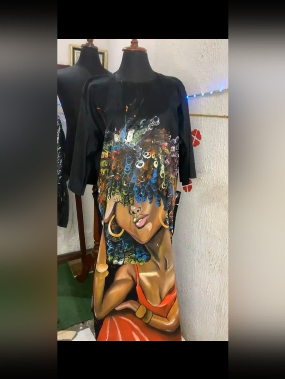 Hand Painted Kaftan. Black Graphic Dress with Colorful. Woman Afro Portrait